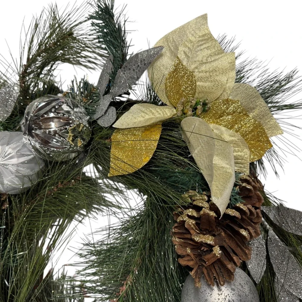 Christmas Wreath‎ Holiday Pine Cone Ornament Gold Silver Decor 15 Inch